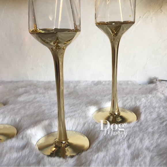 4 Luxe Habitat Yellow Gold Champagne Flute Wine Glass Box Set - Picture 3 of 7